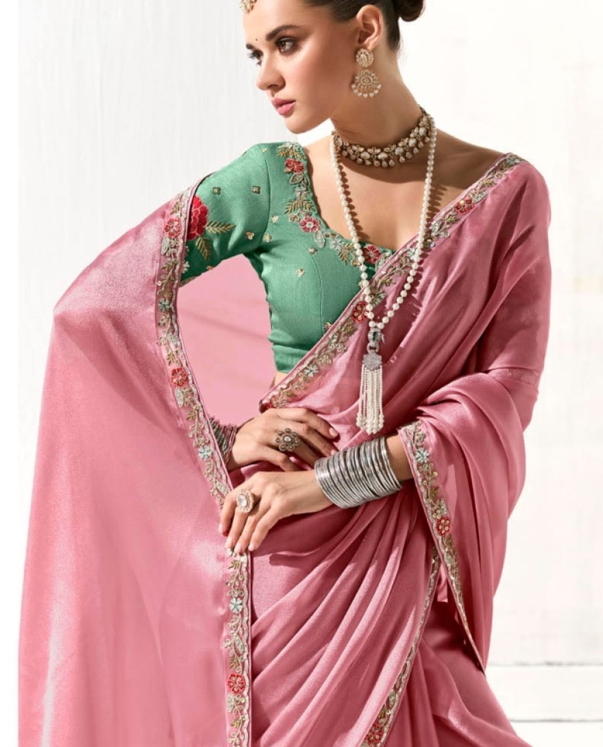 2224 - AMAZING LIGHT PINK BORDER WROK TISSUE SILK ENGAGEMENT WEAR SAREE